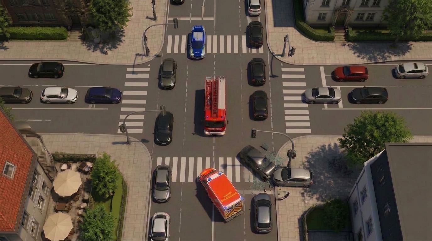 Draufsicht aus der Simulationssoftware: deutsche Polizei-, Feuerwehr- und Rettungsfahrzeuge fahren mit Blaulicht zu einem Verkehrsunfall mit zwei beschädigten Pkw an einer Kreuzung